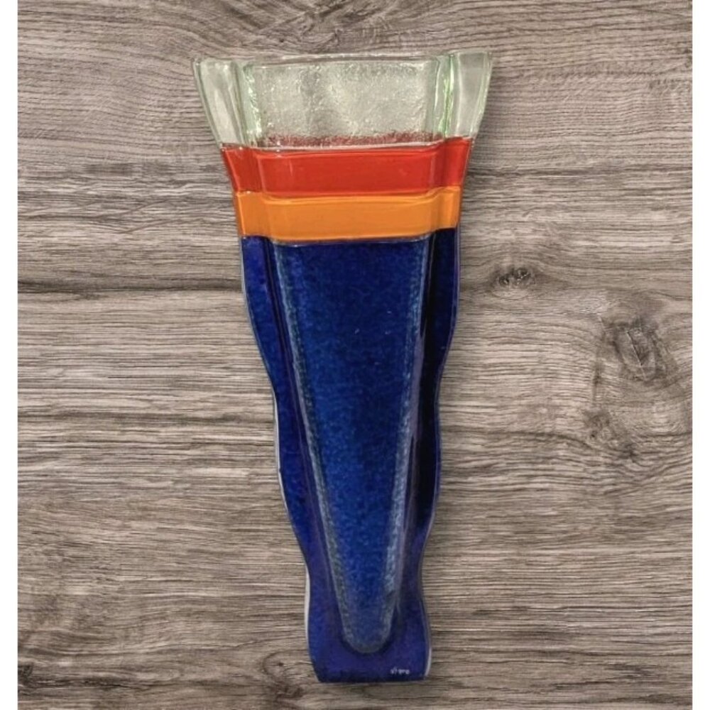 Signed Art Glass Vase Vigro Fused MCM Rainbow Colorful Pocket Blue No Stand Vtg